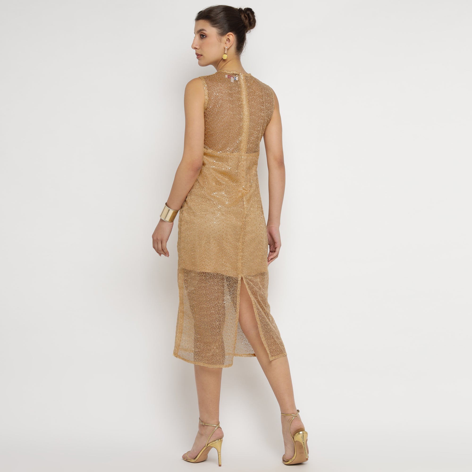 Luxe Gold Sleeveless Shimmer Sheer Midi Dress